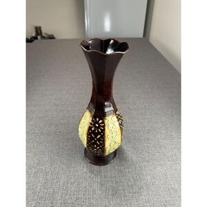 Vintage Brown Ceramic Vase Floral Embossed Textured Scalloped Top Accent Decor
